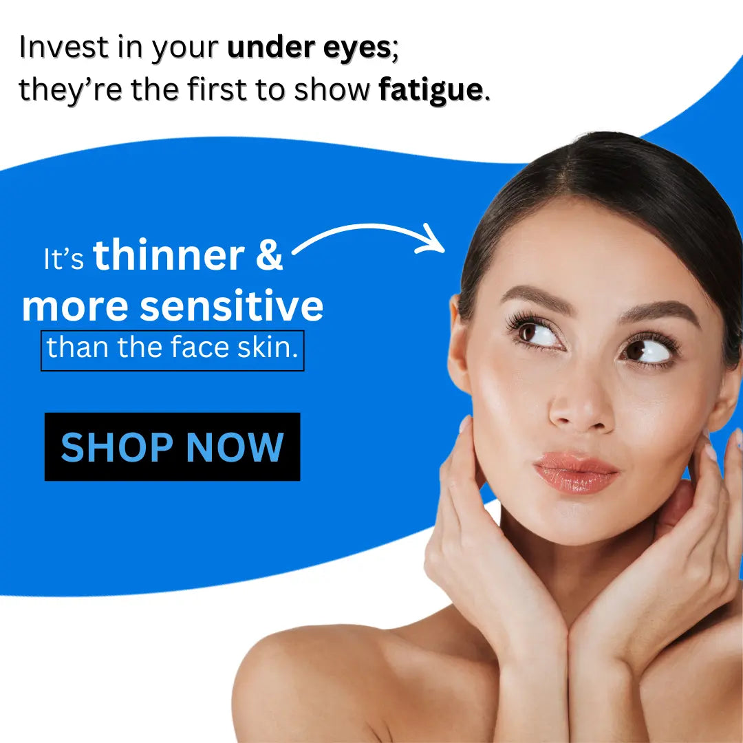 Advertisement highlighting eye care products with a woman touching her face against a blue background.