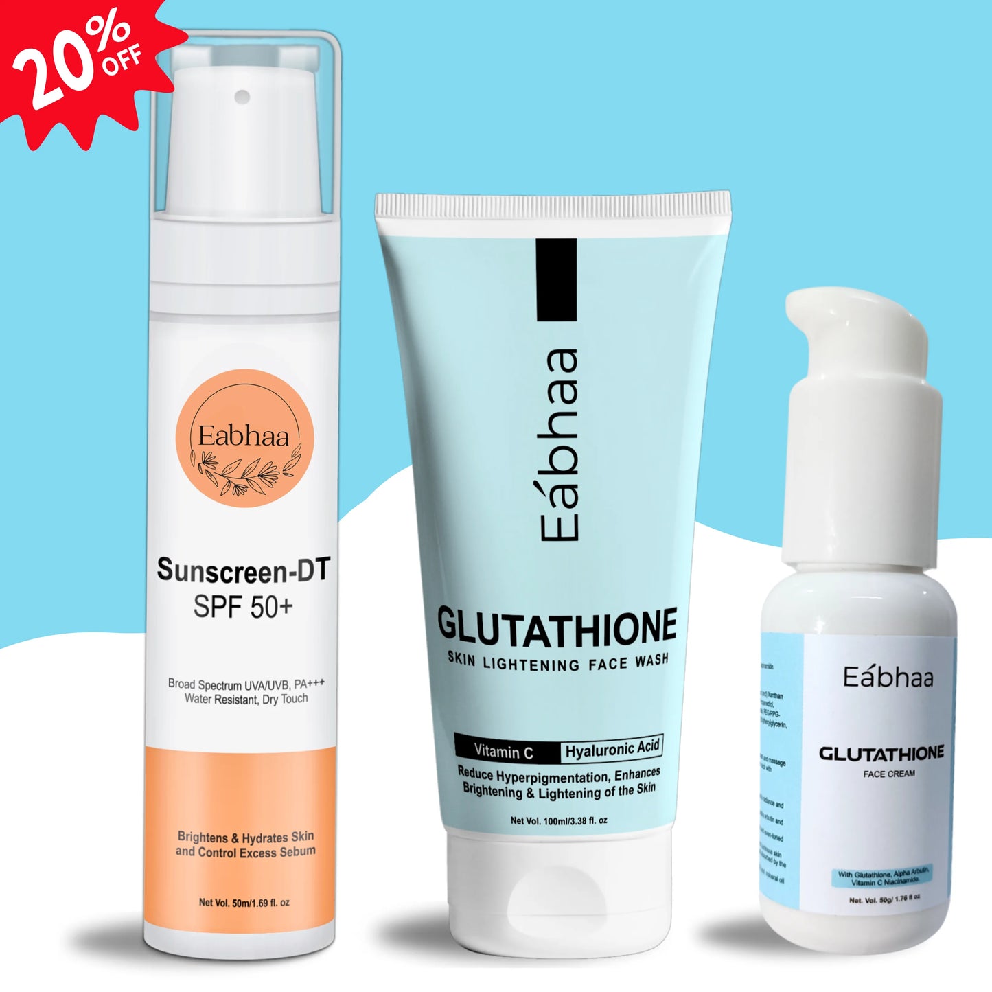 Eabhaa Glutathione Face Cream, Face Wash & Sunscreen DT SPF50+