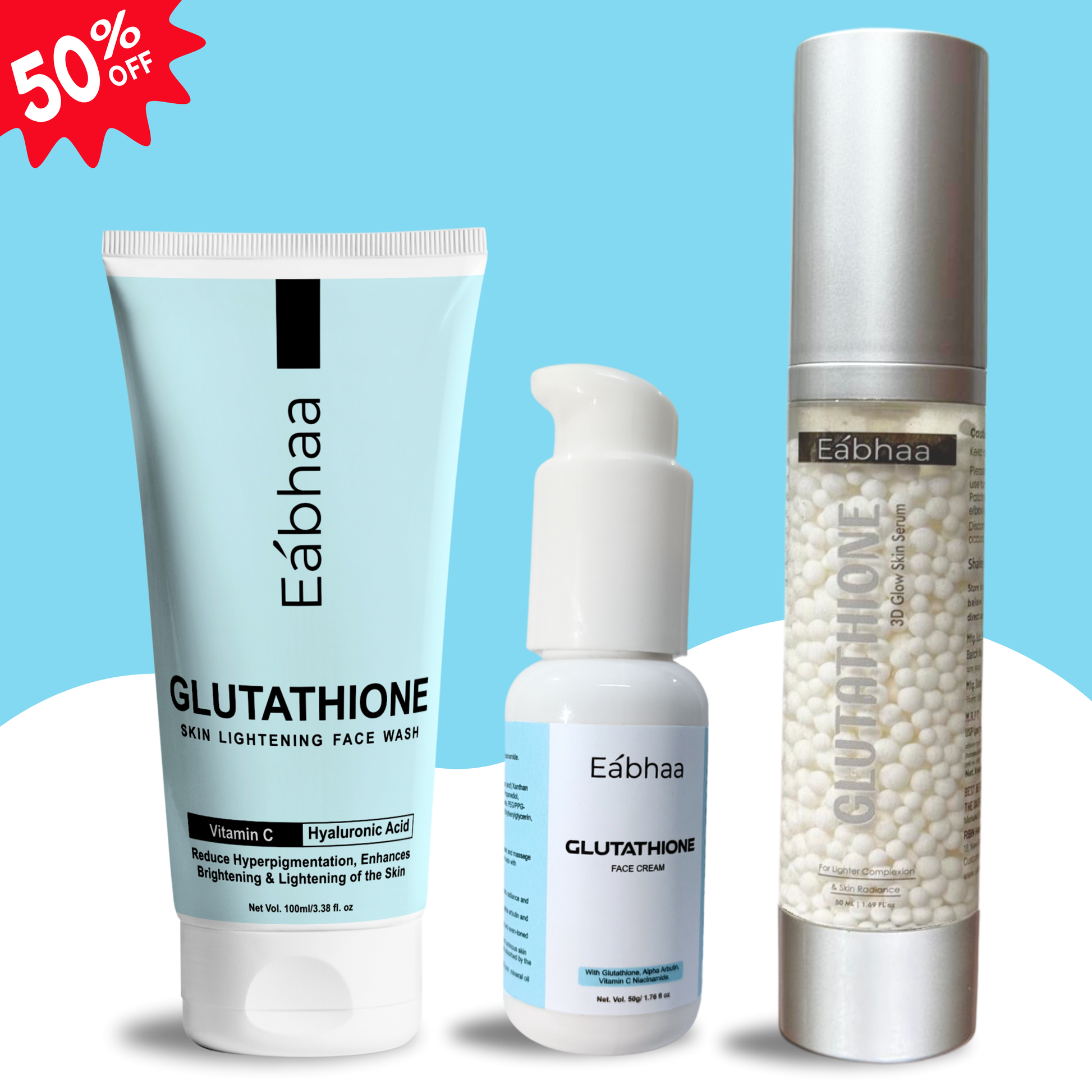Glutathione Glow Pack: Glutathione Face Cream, 3D Serum, & Face Wash EABHAA Glutathione Glow Pack: Glutathione Face Cream, 3D Serum, & Face Wash EABHAA