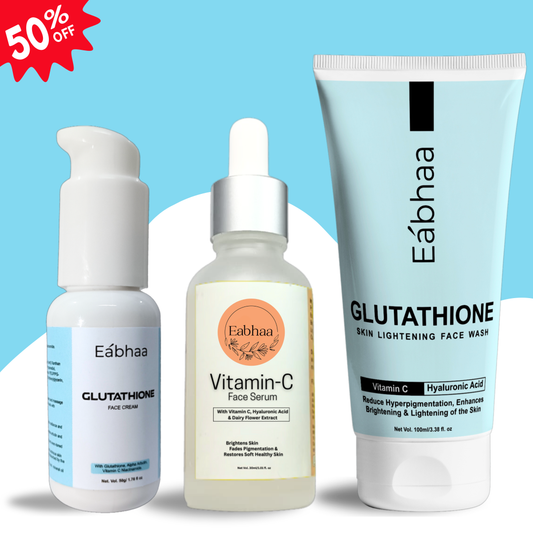 Eabhaa skin brightening skincare combo featuring glutathione face wash, vitamin C serum and glutathione face cream for pigmentation control and glowing skin