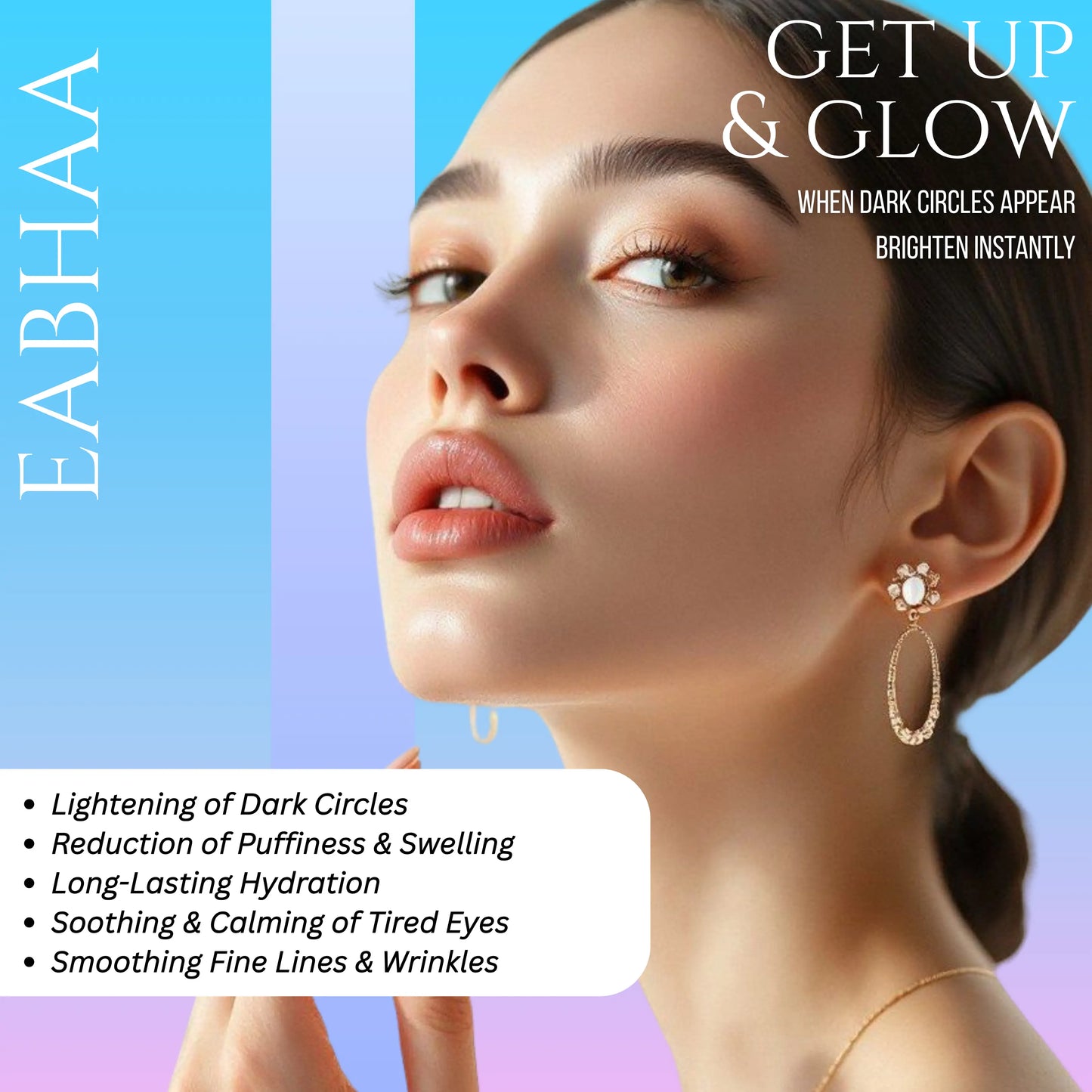 Eabhaa under eye gel with a woman's face and product features on a colorful background.
