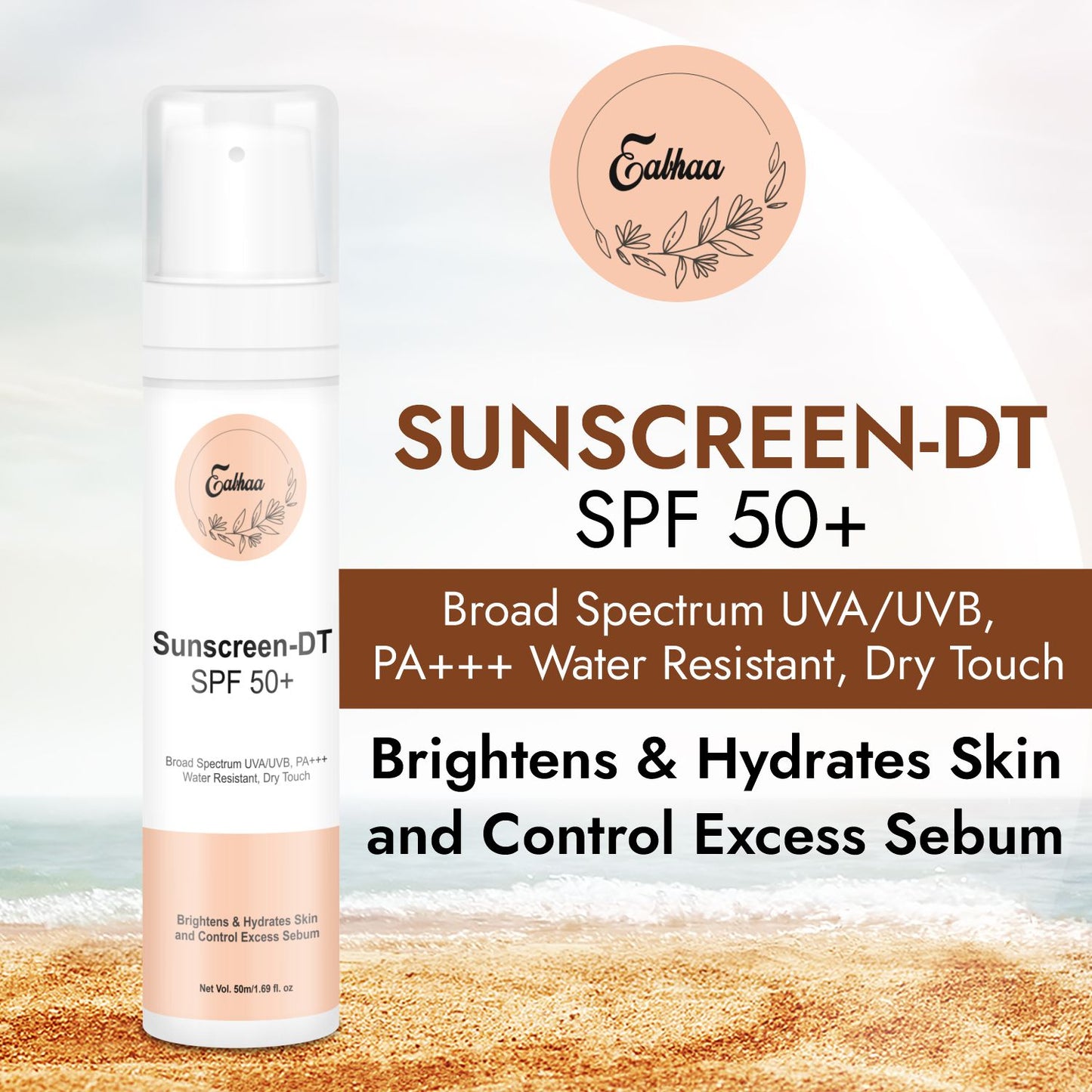 eabhaa sunscreen dt spf 50 plus broad spectrum pa+++ sunscreen with uva uvb protection dry touch formula water resistant brightens hydrates skin and controls excess oil
