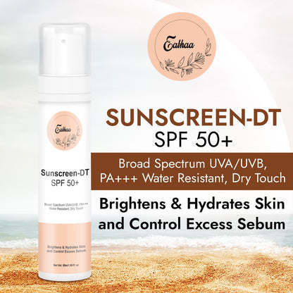 eabhaa sunscreen dt spf 50 plus broad spectrum pa+++ sunscreen with uva uvb protection dry touch formula water resistant brightens hydrates skin and controls excess oil
