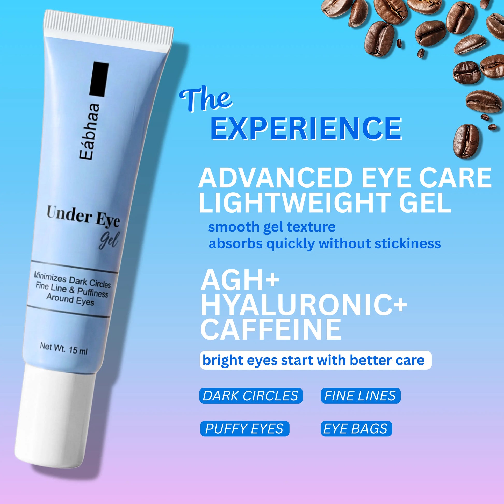 Eabhaa under eye gel with coffee beans on a blue and purple gradient background