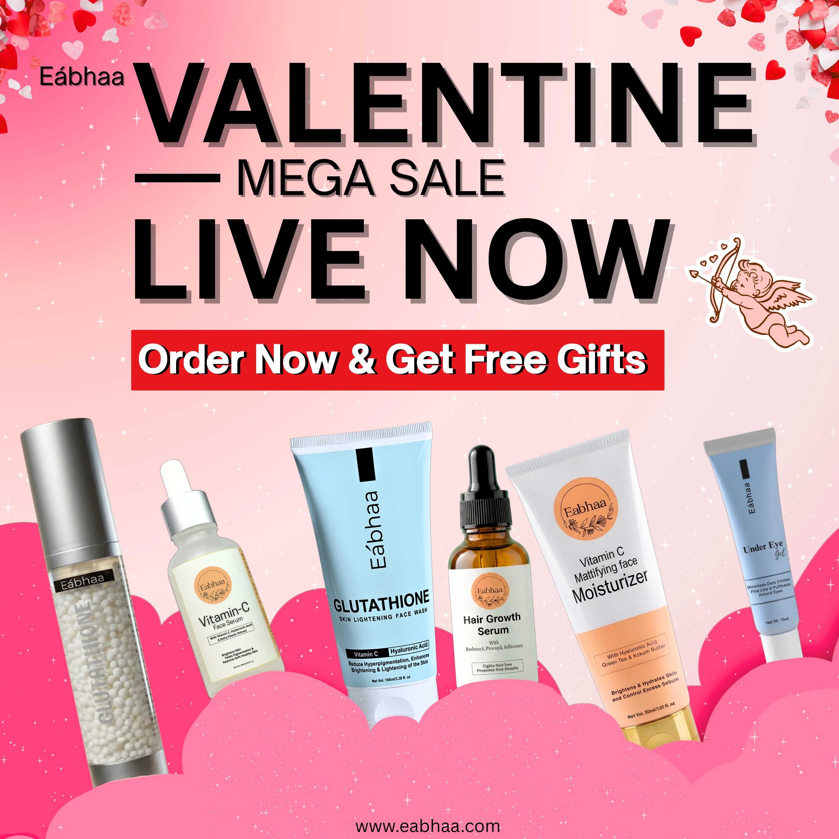 Eabhaa Valentine Mega Sale banner featuring Vitamin C serum, Glutathione face wash, hair growth serum, moisturizer and free gifts offer