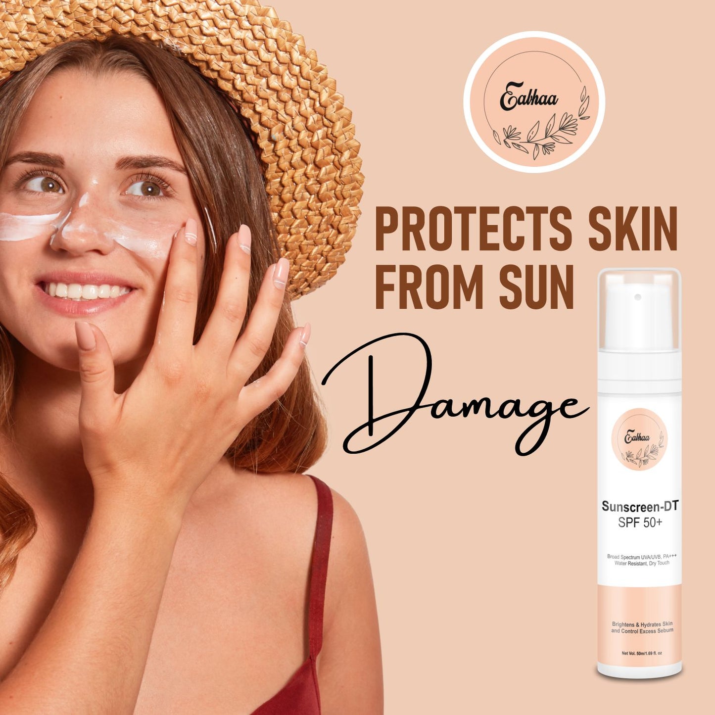 sunscreen spf 50 infographic showing protection from sun damage tanning and environmental stress