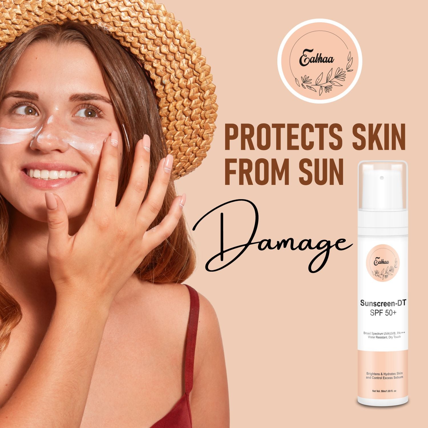 sunscreen spf 50 infographic showing protection from sun damage tanning and environmental stress