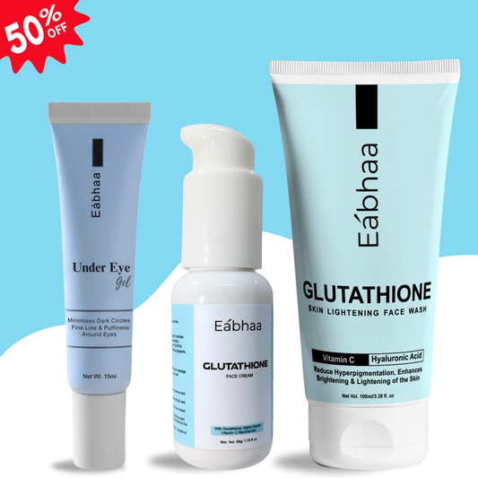 Eabhaa skincare combo featuring under eye gel, glutathione face wash and glutathione face cream for dark circles, pigmentation control and brighter skin