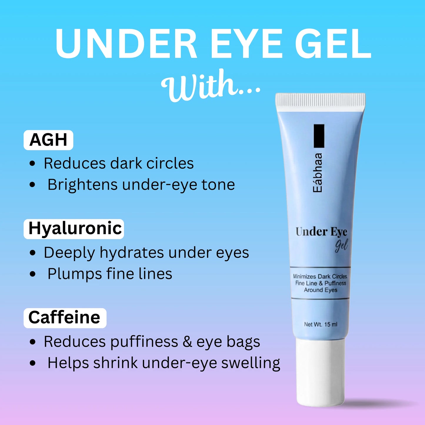 Eabhaa under eye gel tube with ingredients- Agh, Hyaluronic acid, Caffeine and its benefits 