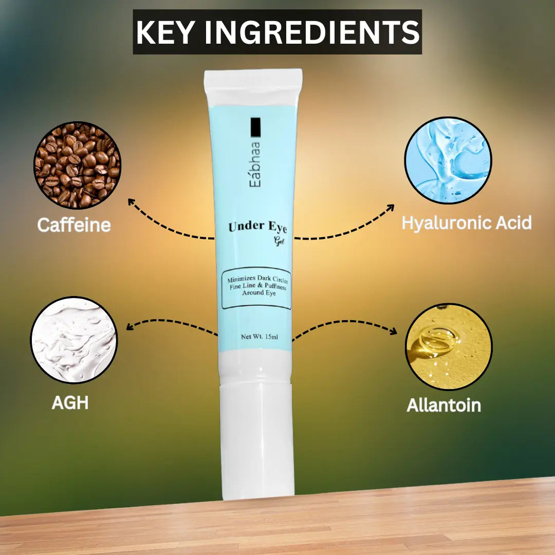 eabhaa eye gel with key ingredients displayed on a gradient background
